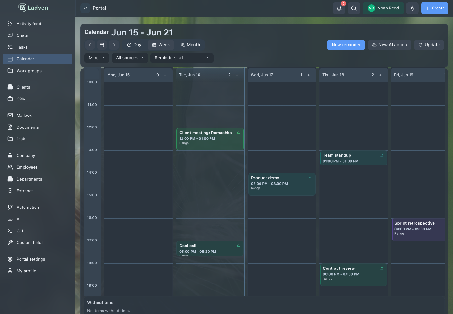 LadVen OS weekly calendar with color-coded business events