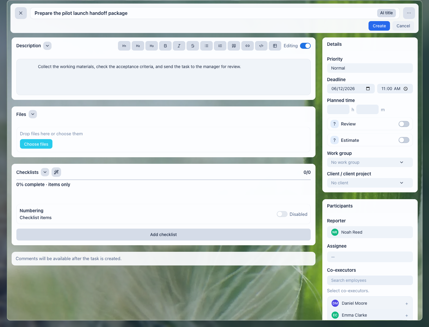 Create-task drawer details in LadVen OS